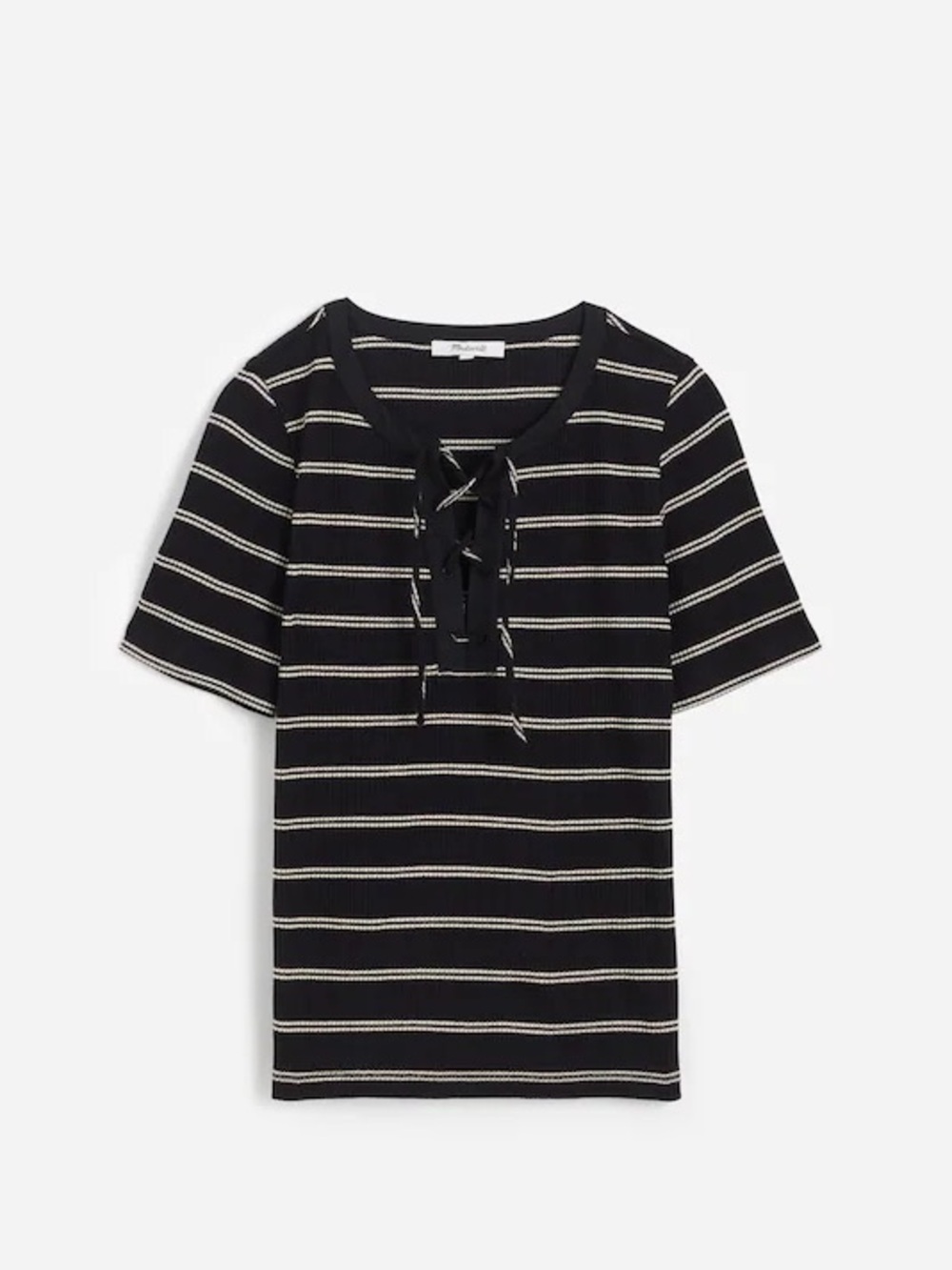 Madewell Ribbed Lace-Up Short-Sleeve Tee in black stripe size medium